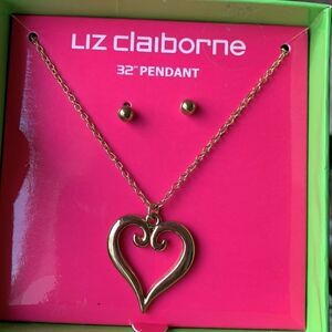 Liz Claiborne Heart Pendant Necklace and Ball Stud Earring Set